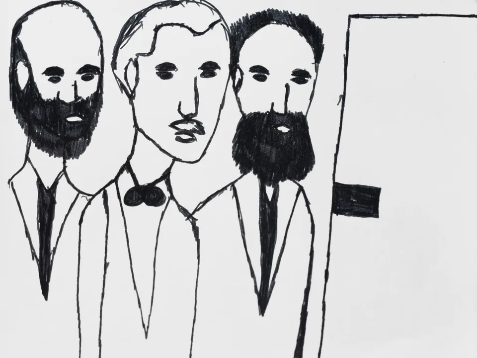 A black-line drawing of three unidentified figures.