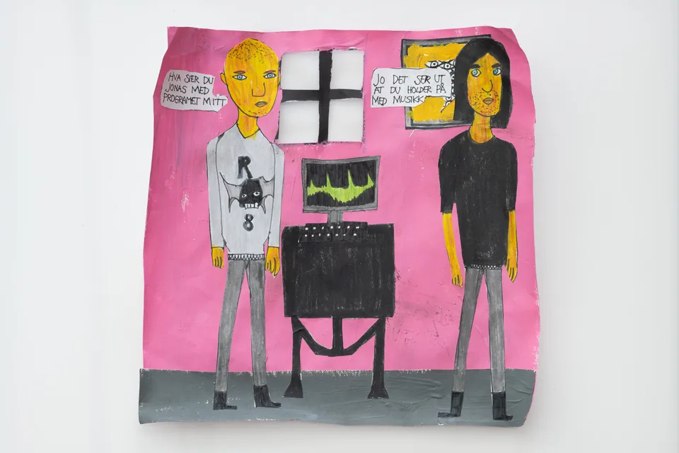 Painted and collaged characters in a pink room with handwritten speech and a computer.
