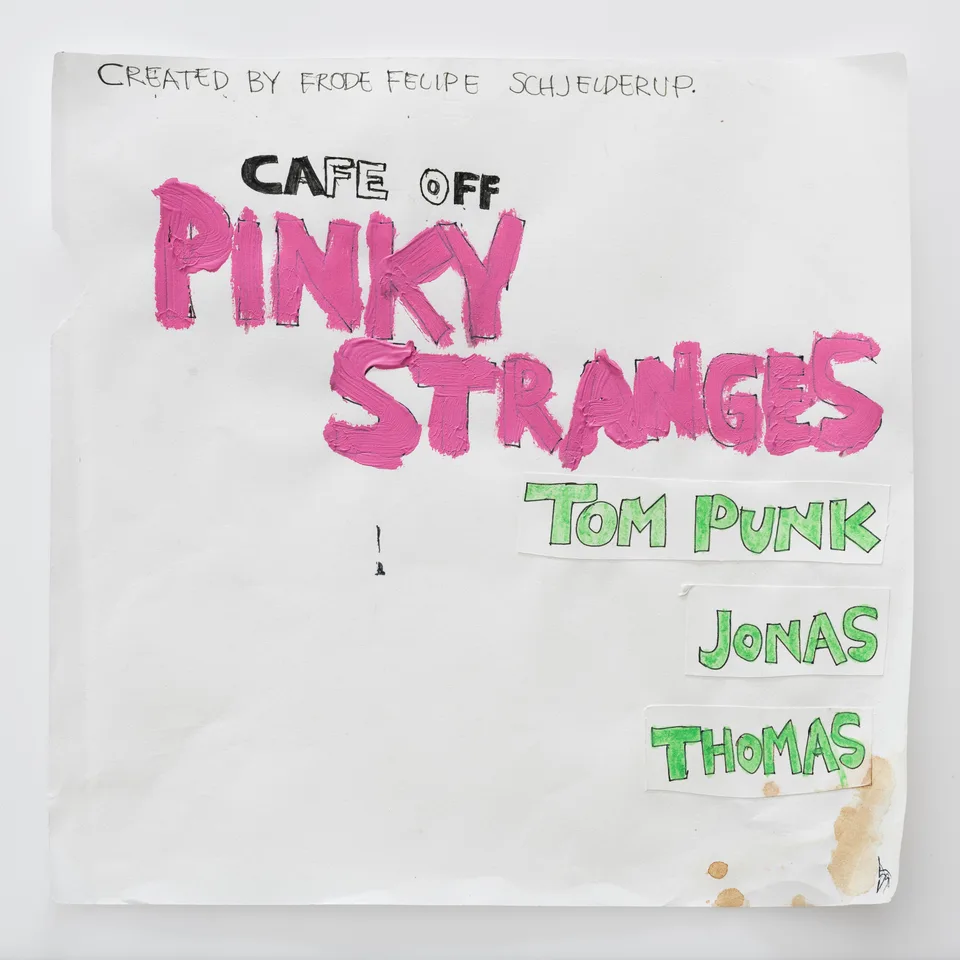 A handmade story cover reading Pinky Stranges in pink and green lettering.