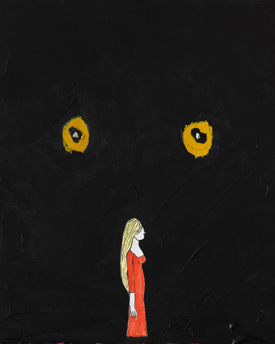 Two yellow eyes and a small red-clad female figure on a black painted field.